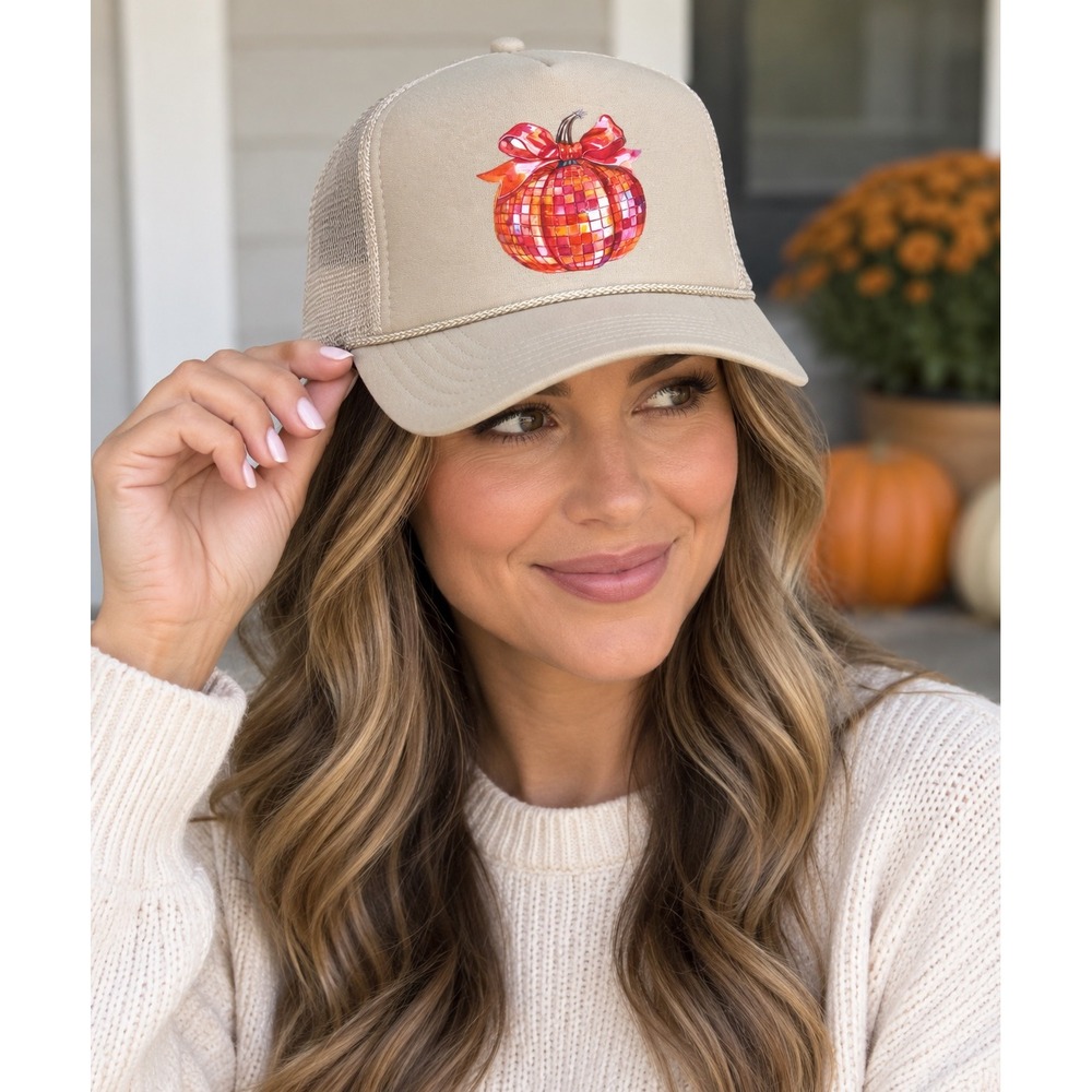 OTTO Foam Trucker Hat Disco Ball Pumpkin Graphic Snapback Beige Mesh Cap OSFM